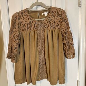 John Paul Richard XL Tan lace and faux suede blouse cottagecore country